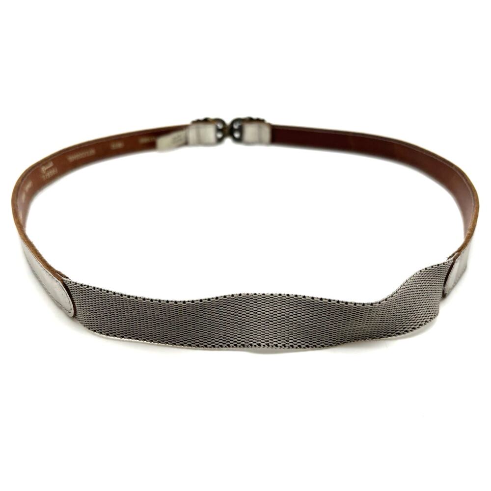 Y2K Fossil Silver Leather Brass Rhinestone Buckle Stretch Waist Belt L 36-38" - Picture 3 of 12